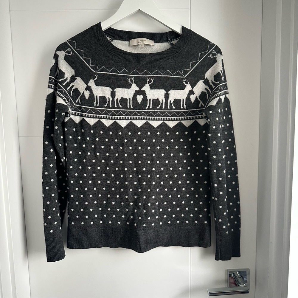 LOFT Grey Reindeer Crewneck Sweater
